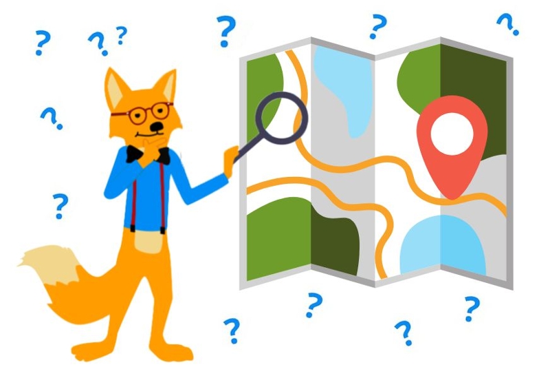 Man sieht den Smarthome-Fuchs, wie er sich eine Karte ansieht.